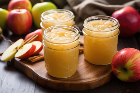 homemade apple cider in mason jars with burlap lids, created with generative aiの素材
