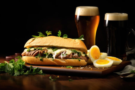 french dip sandwich displayed with a golden lager beer on dark background, created with generative aiの素材