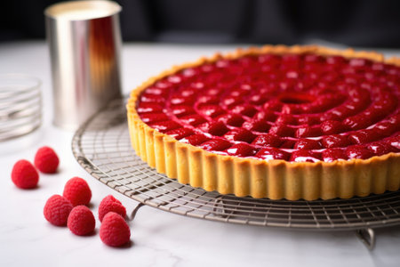 whole raspberry tart with a metal tart cutter beside it, created with generative aiの素材