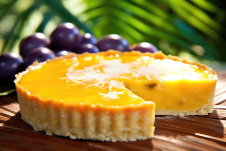 an exotic passionfruit tart against a tropical leaf background, created with generative aiの素材