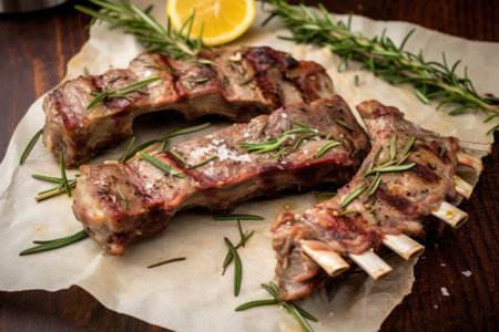 grilled lamb ribs with herbs like rosemary and rounds of garlic on parchment paper, created with generative aiの素材