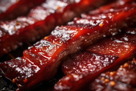 macro shot on the surface texture of glazed pork ribs, created with generative aiの素材