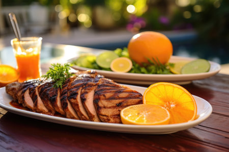 grilled duck serving with citrus slices, created with generative aiの素材