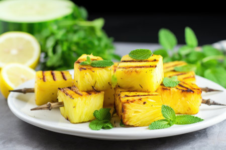 freshly grilled pineapple slices on a skewer with a cucumber slices, created with generative aiの素材