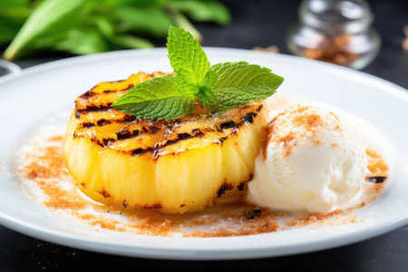 grilled pineapple served over vanilla ice cream, created with generative aiの素材