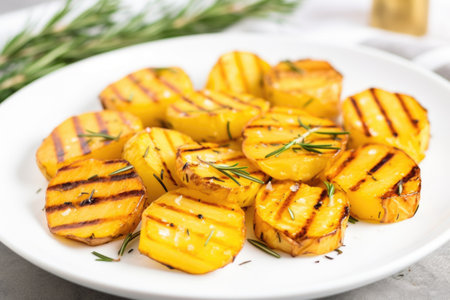 grilled potatoes garnished with rosemary on a white plate, created with generative aiの素材