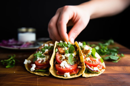 hand layering fresh tomatoes over a gyro, created with generative aiの素材
