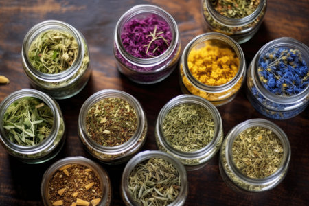 top down shot of an assortment of dried herbal tea in jars, created with generative aiの素材