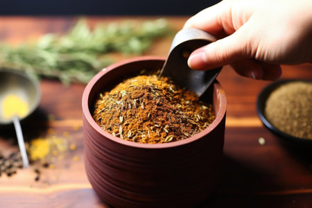 hand holding a scoop of whole spices to be added into mulled cider, created with generative aiの素材