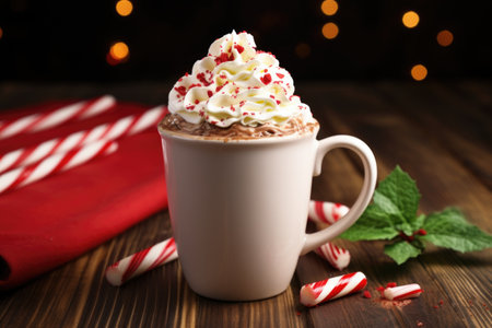 peppermint mocha with whipped cream topping on a wooden table, created with generative aiの素材
