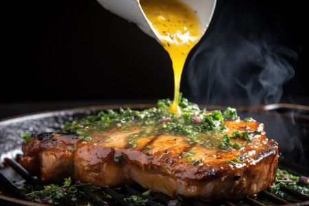 honey mustard pork chop with steam rising from it, created with generative aiの素材