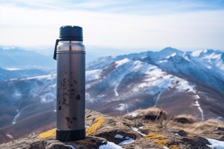 a thermos flask with hot chocolate on a mountain background, created with generative aiの素材