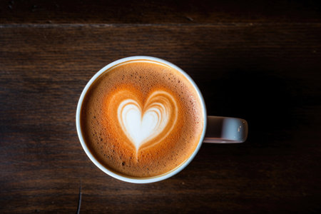 overhead shot of a latte with a heart-shaped foam, created with generative aiの素材