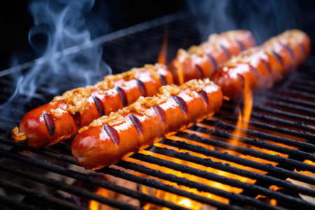 grilled hot dog seen on a barbecue grill, created with generative aiの素材