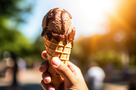 hand holding a melting chocolate ice cream cone in summer sunlight, created with generative aiの素材