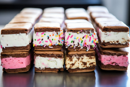 display of multiple ice cream sandwiches with assorted flavors in a row, created with generative aiの素材