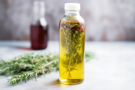 close shot of a plastic bottle filled with herbal iced tea, created with generative aiの素材