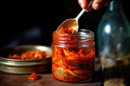 a spoon scooping vibrant red kimchi from a glass jar, created with generative aiの素材