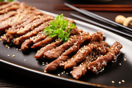 grilled bulgogi beef strips garnished with sesame seeds on a plate, created with generative aiの素材