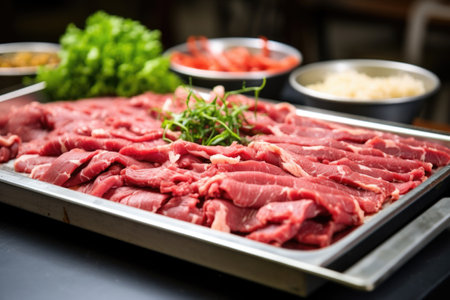 raw bulgogi meat on a stainless steel tray, created with generative aiの素材