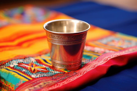 a unity cup brimming with fresh water, placed on a vibrant cloth, created with generative aiの素材