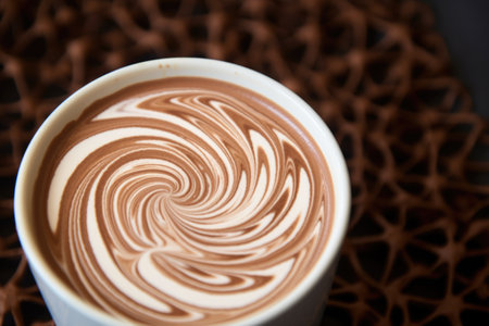 a close-up of the milk and coffee swirls in a latte cup, created with generative aiの素材