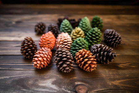 freshly painted pinecones on a wooden table, created with generative aiの素材