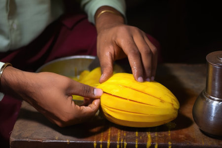hand slicing a ripe mango to make lassi, created with generative aiの素材