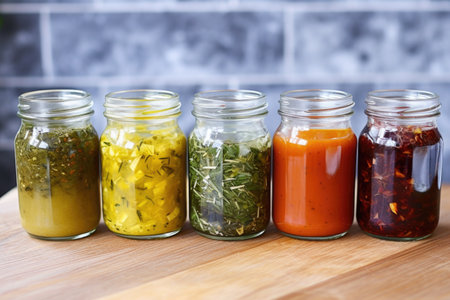 various homemade marinades in labelled jars, created with generative aiの素材