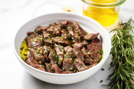 skirt steak marinated in bowl with garlic and herbs, created with generative aiの素材