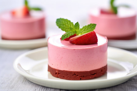 close-up of strawberry mousse with a mint leaf on top, created with generative aiの素材