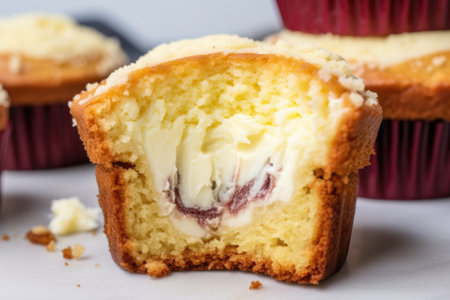 close-up of a muffin with cheesecake filling broken open, created with generative aiの素材
