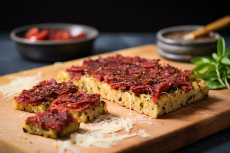 parmesan-topped focaccia with salami and sundried tomato spread, created with generative aiの素材