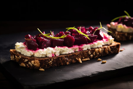 dark bread topped with pickled beetroot and slices of goat cheese, created with generative aiの素材
