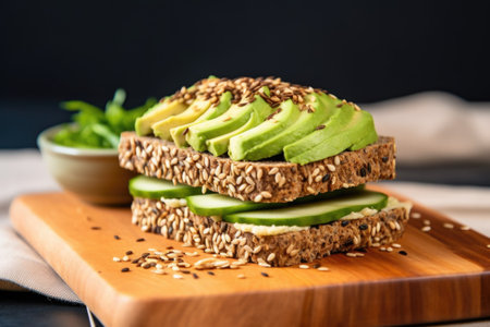 whole grain bread topped with avocado slices and sesame seeds, created with generative aiの素材