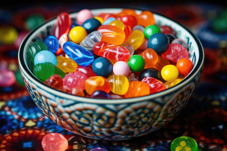close-up shot of a bowl of colorful christmas candies, created with generative aiの素材