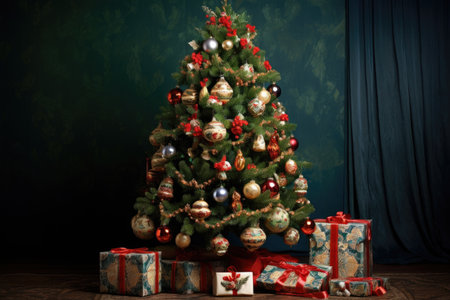 a neatly decorated christmas tree with small gift-box ornaments, created with generative aiの素材