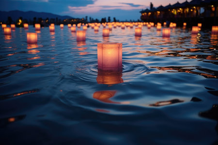 glowing lanterns floating on water at dusk, created with generative aiの素材