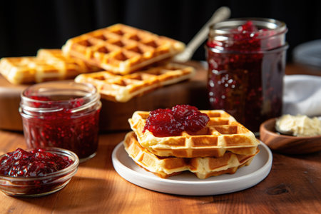 waffles with a spread of raspberry jam on top, created with generative aiの素材