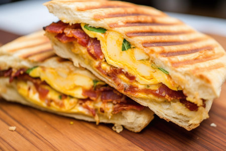 up-close of a grilled bacon and egg breakfast panini, created with generative aiの素材