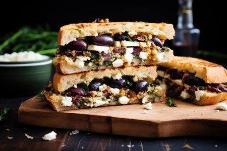 greek-style panini with feta cheese and black olives, created with generative aiの素材