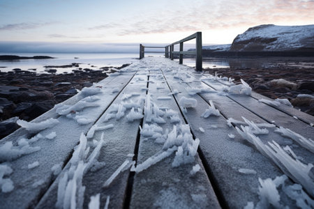 frost on a wooden pier extending into sea, created with generative aiの素材