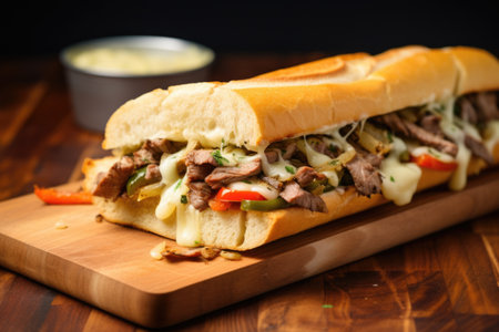 close-up of a juicy philly cheesesteak on a wooden chopping board, created with generative aiの素材