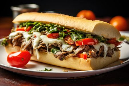 a philly cheesesteak with a red cherry tomato and green lettuce on top, created with generative aiの素材