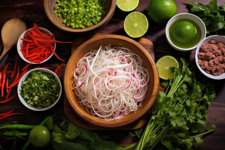 pho with scattered fresh ingredients around the bowl, created with generative aiの素材