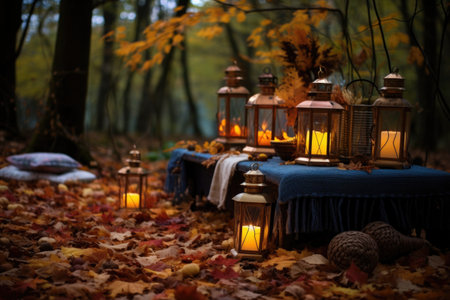 a picnic set up with lanterns positioned amongst fallen leaves, created with generative aiの素材