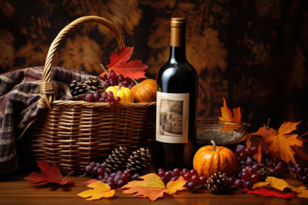 wine bottle beside fruit basket on brown autumn foliage, created with generative aiの素材