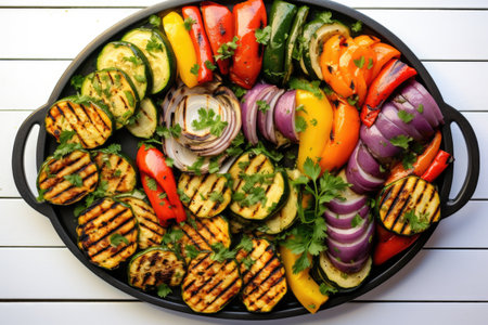 birds eye view image of mixed grilled veggies on an oval platter, created with generative aiの素材
