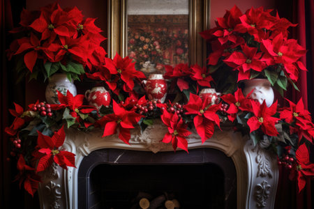 poinsettias with a beautifully decorated fireplace mantelpiece, created with generative aiの素材