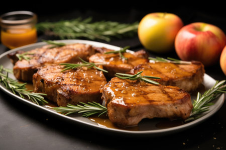 platter of pork chops topped with apple sauce next to rosemary sprigs, created with generative aiの素材
